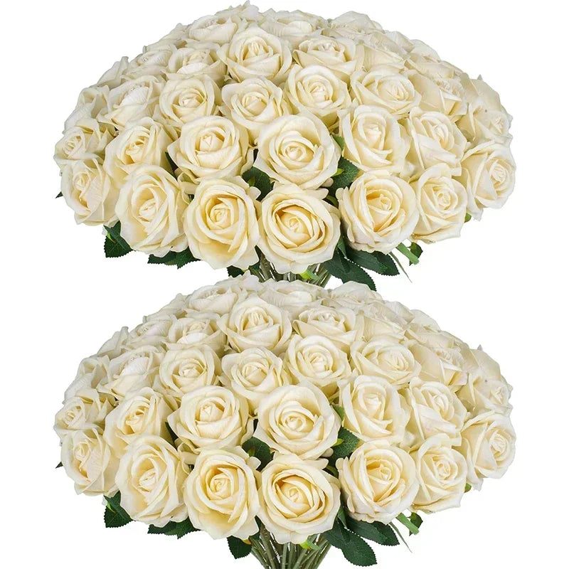 50 Pcs Velvet Roses Artificial Flowers Real Touch Fake Roses Valentine's DIY Wedding Bouquet Home Decor