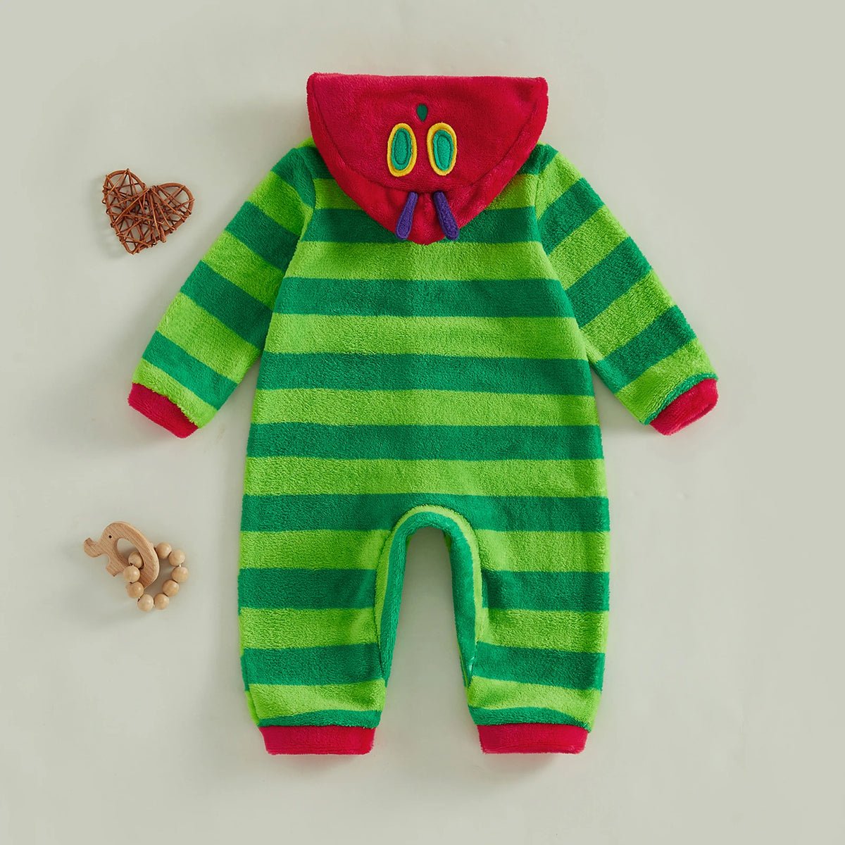 Hungry Caterpillar Baby Boys Girls Fall Winter Romper Long Sleeve Plush Costume Fleece Long Sleeve Hooded Jumpsuit