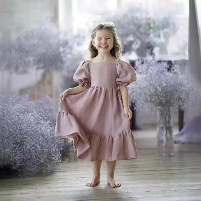 Girls Cotton and Hemp Bubble Sleeve Princess Dress