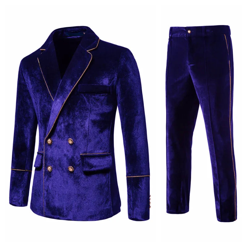 Plush Velvet Suit Two-piece Mens Party Suits Double Breasted Tuxedo Blazers & Pants