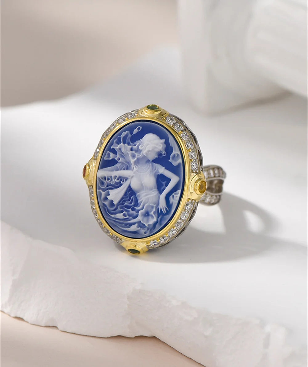 La Belladonna Wraith S925 Sterling Silver Rings Blue Agate White Shell Full Zircon Portrait Jewellery