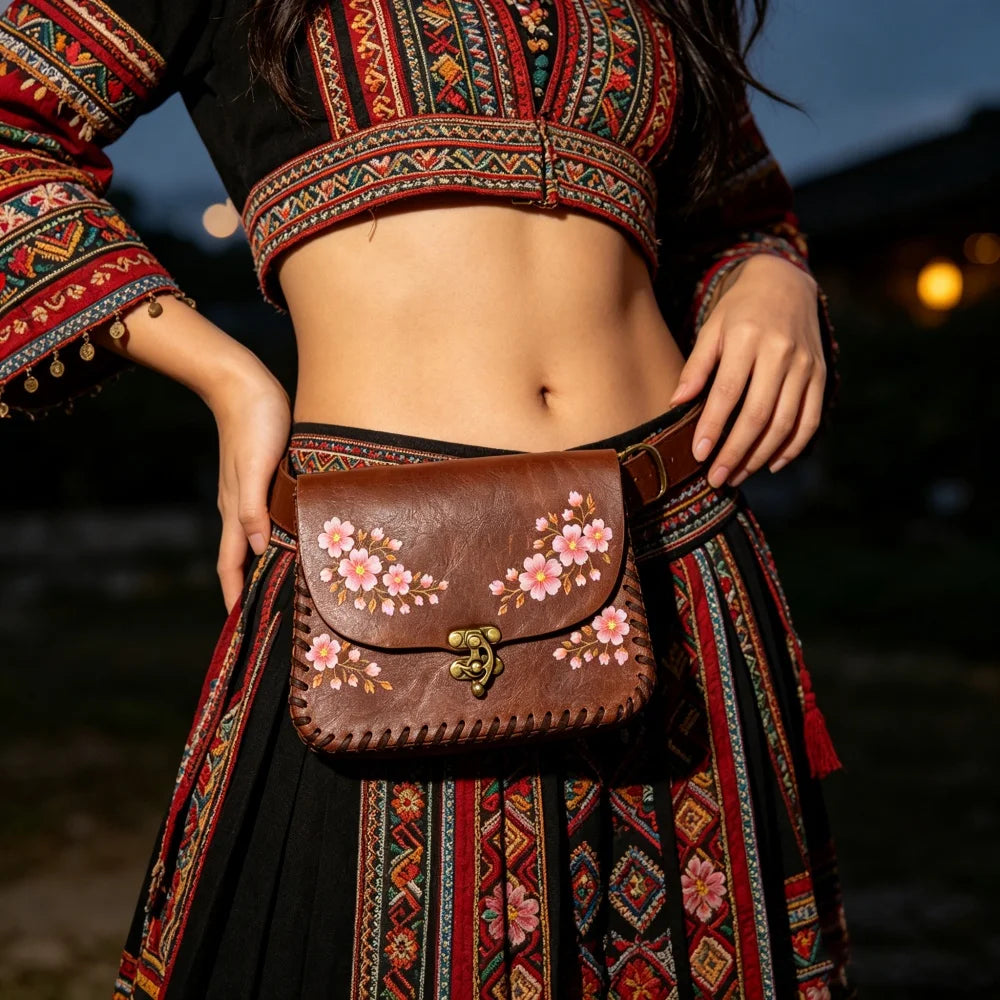 Spring Cherry Blossom Faux Leather Belt Bag Medieval Cosplay