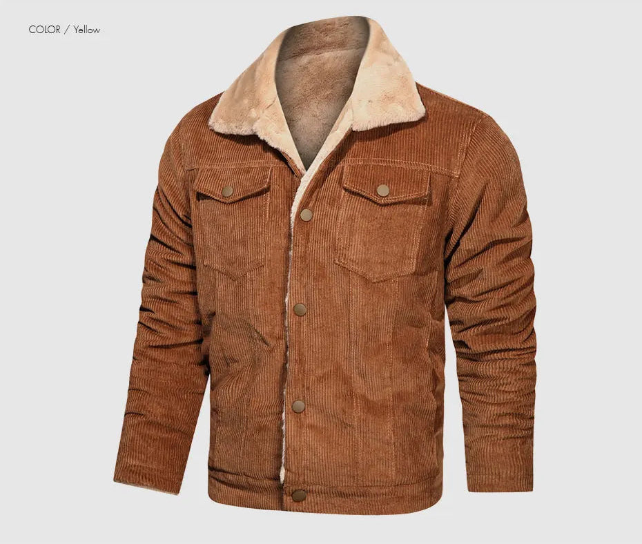 Woodsman Winter Corduroy Jackets Thick Warm Faux Fur Collar Bomber Coat