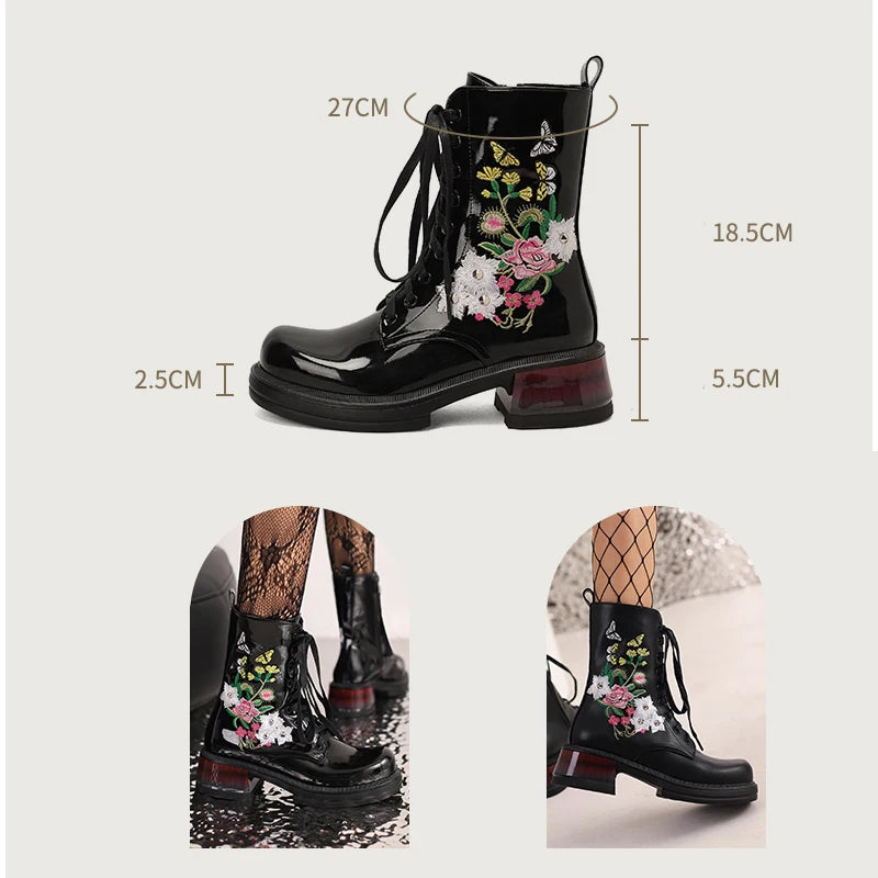 Wildflower Embroidery Lace Up Ankle Boots Black Platform Chunky Heels Large Sizes