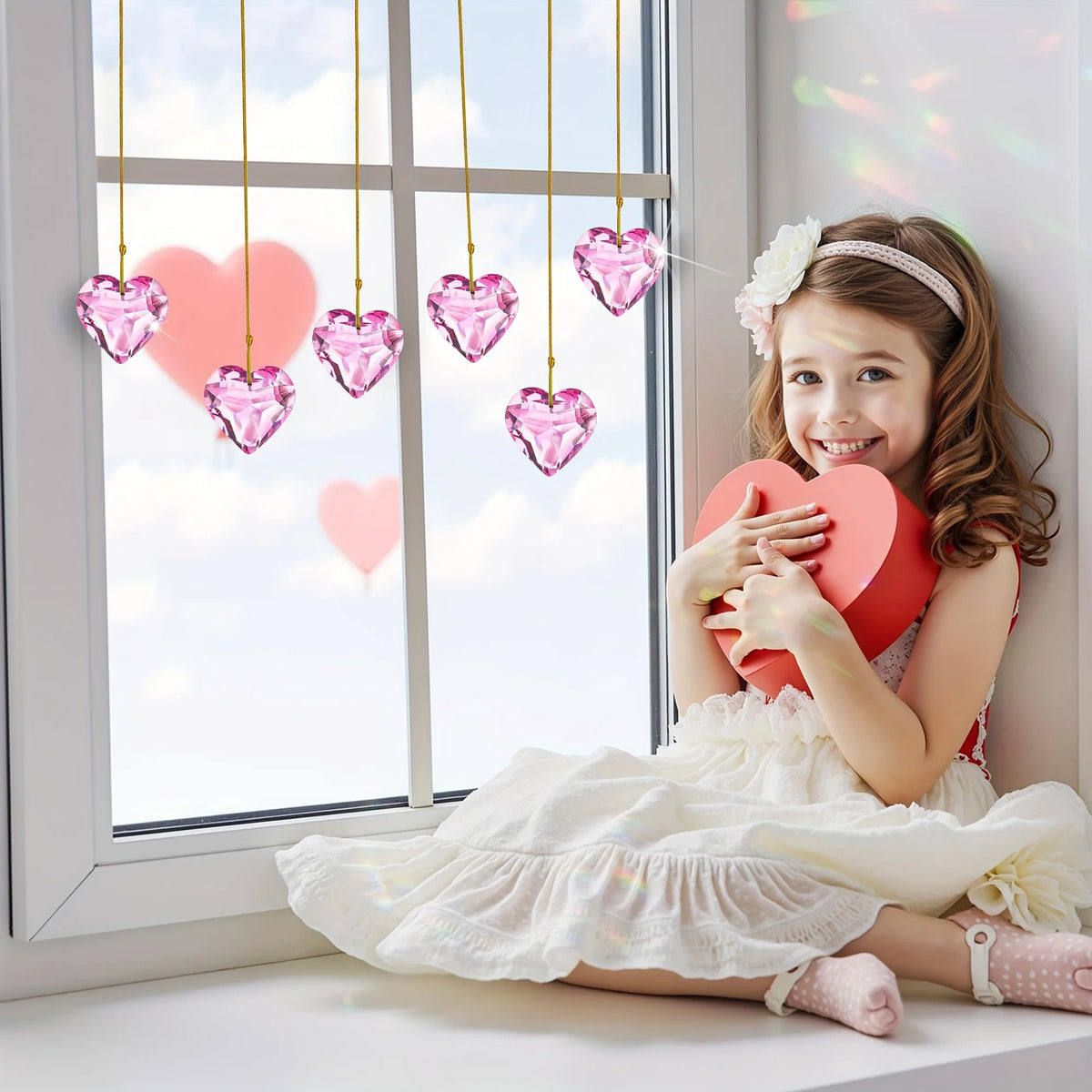 Set of Six Pink Heart-Shaped Crystal Hanging Ornaments