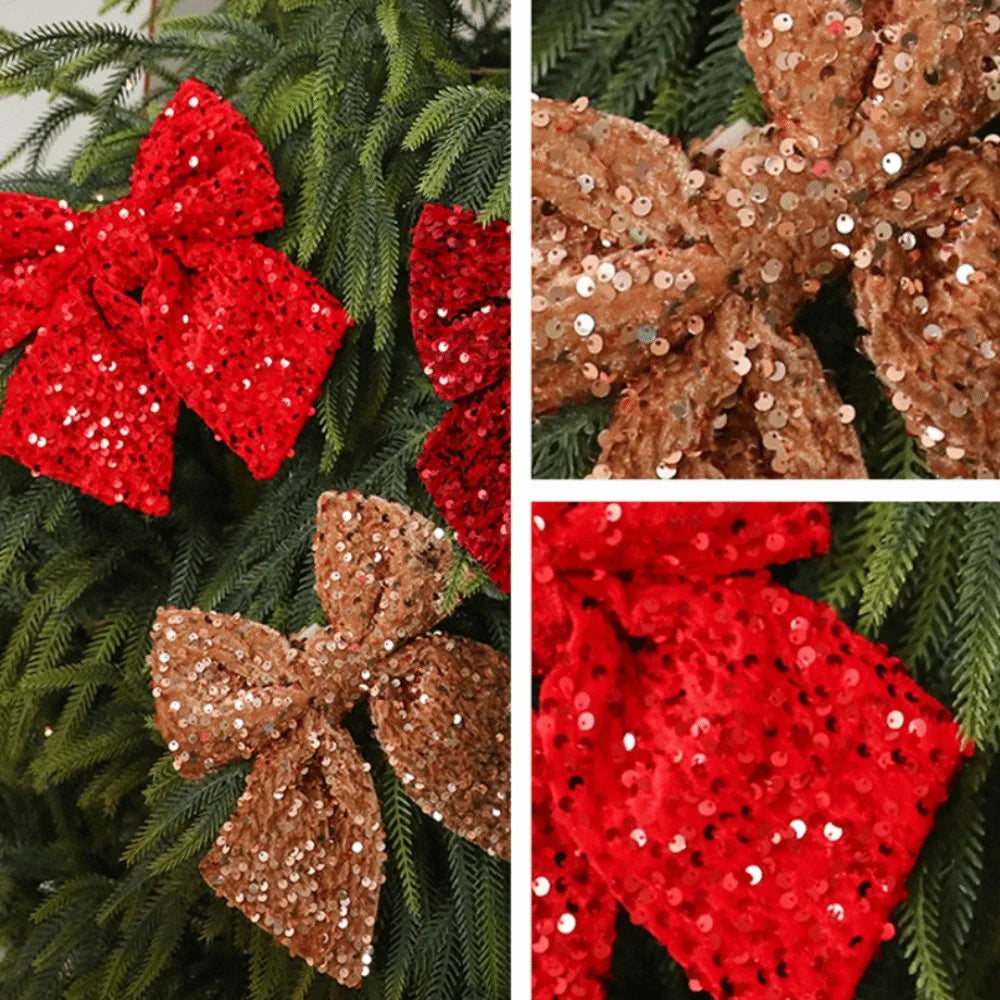 Sparkling Christmas Bow with Ribbon Christmas Tree Bowknot Flocked Wreath Xmas Decorations