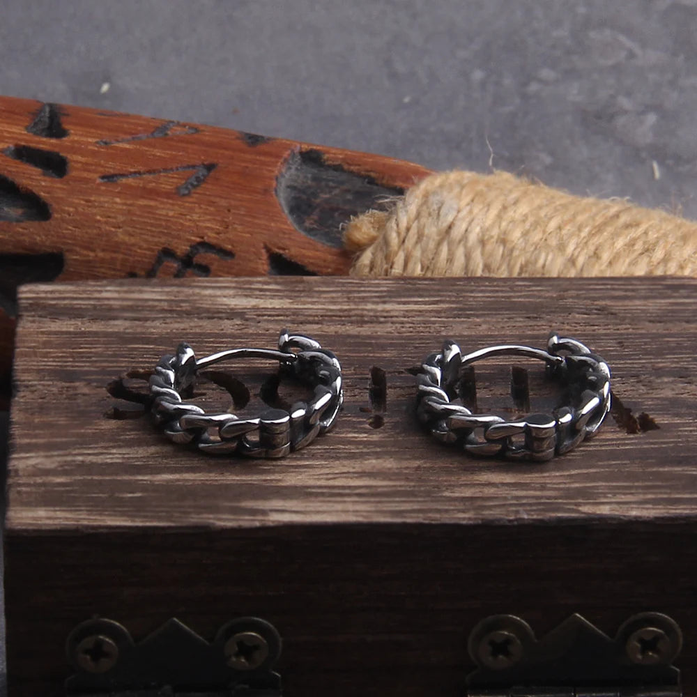 Chain Stainless Steel Huggie Hoop Earrings for Men with Wooden Box