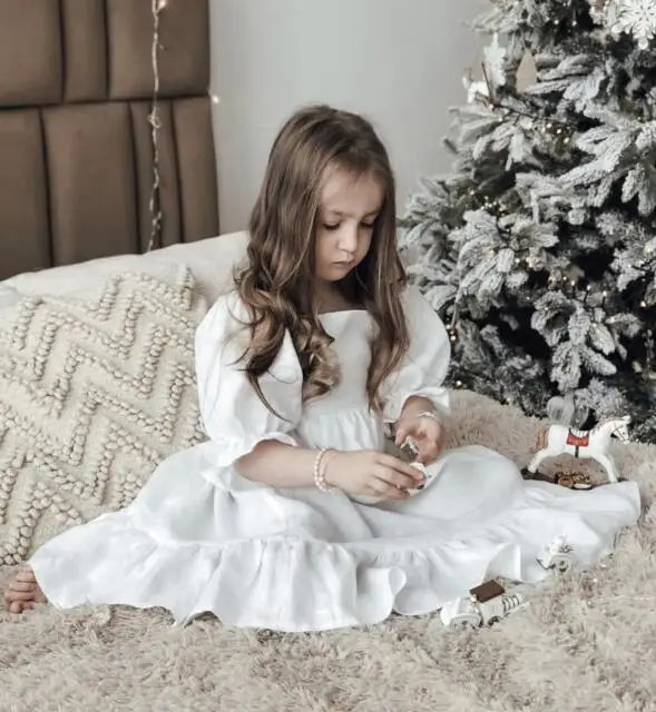Girls Cotton and Hemp Bubble Sleeve Princess Dress