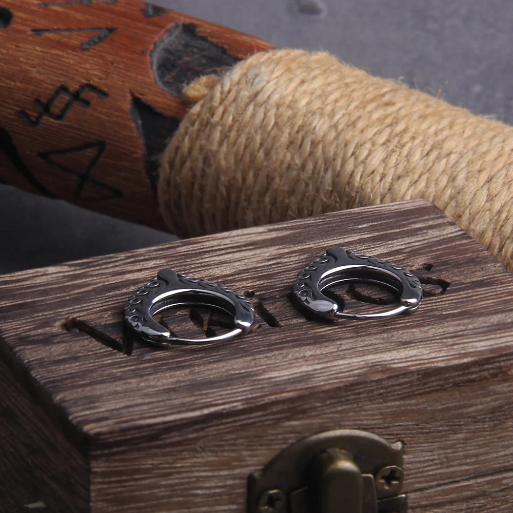Viking V Tendrils Stainless Steel Huggie Hoop Earrings for Men with Wooden Box