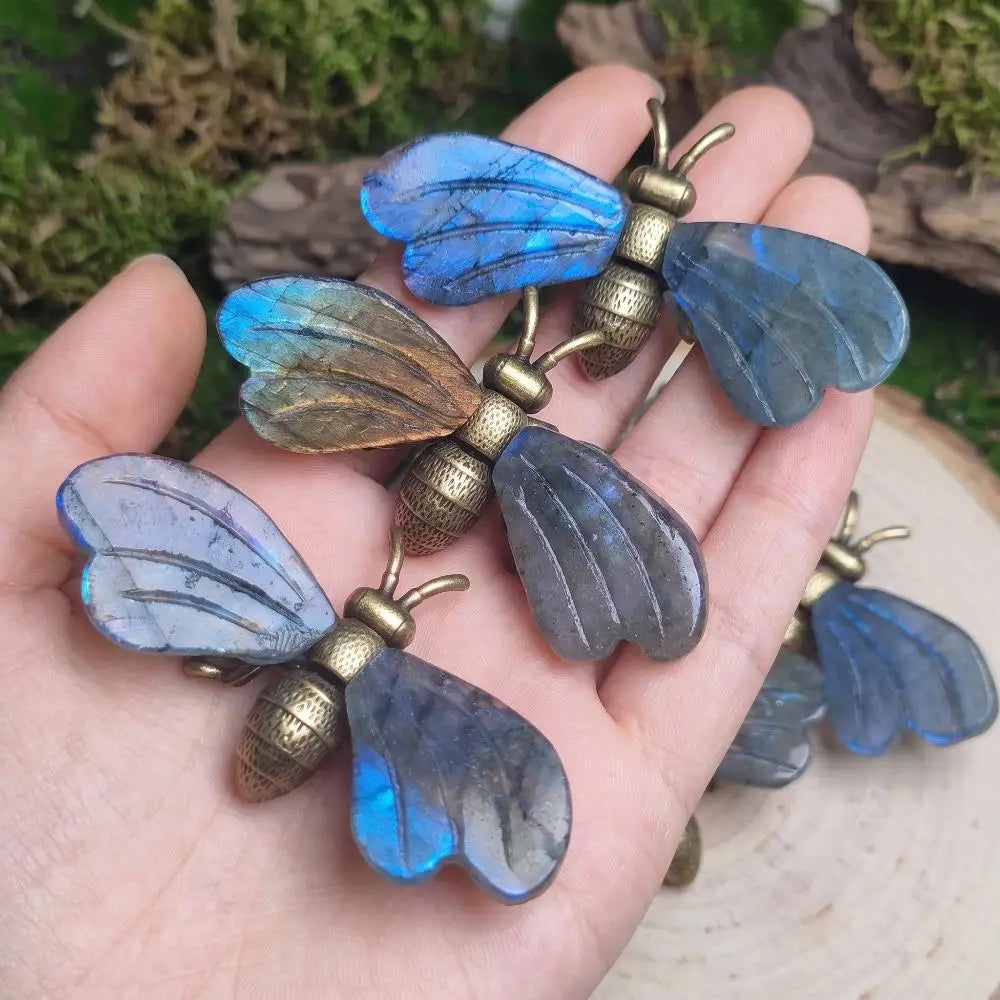 Natural Labradorite Bee Figurine Insect Sculpture Desktop Decoration Hand Carved Stone Wings Metal Body