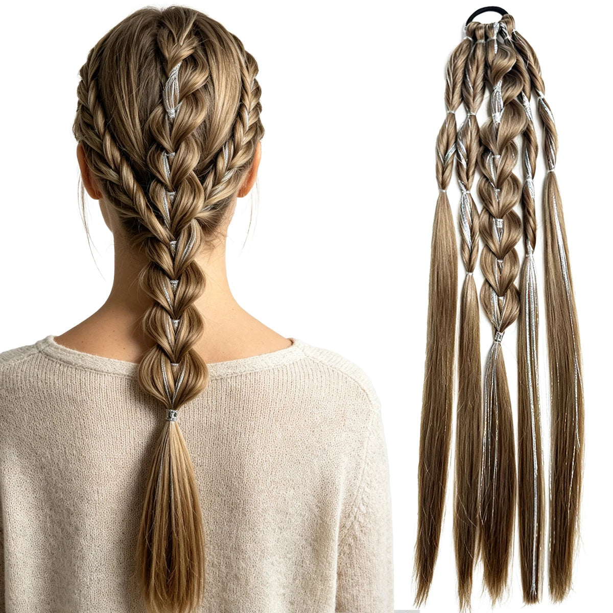 Synthetic 24-inch Bubble Lantern Braided Ponytail Hair Extension with Silver Glitter Wire