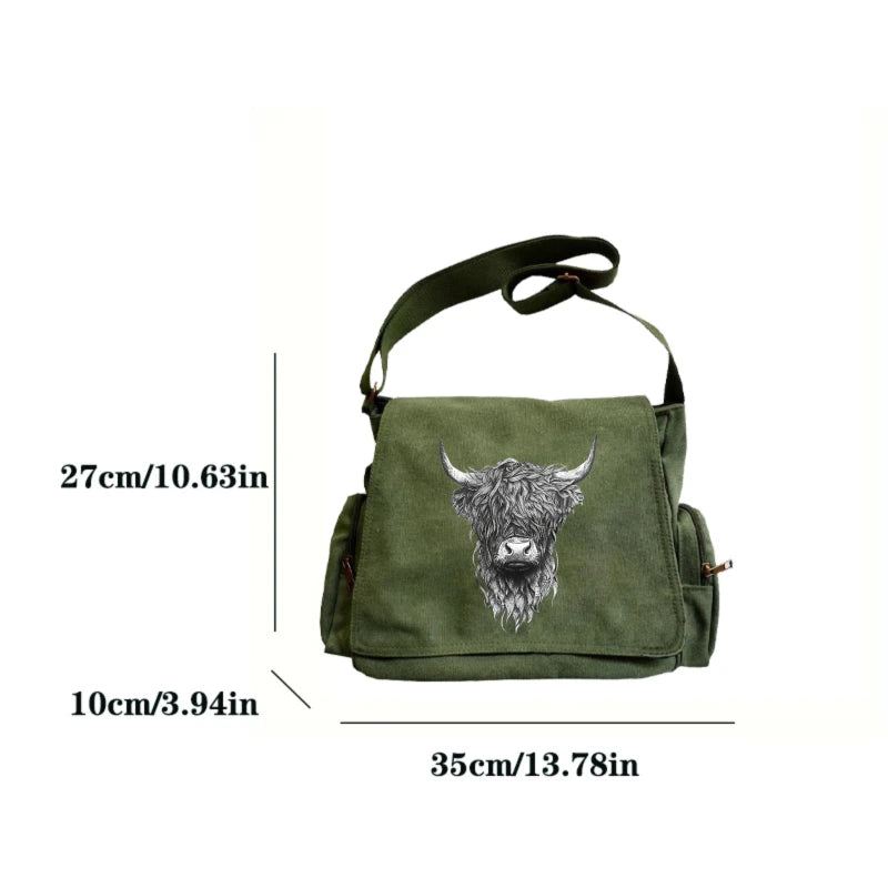 Highland Cow Print Canvas Shoulder Bag Crossbody Messenger Bag