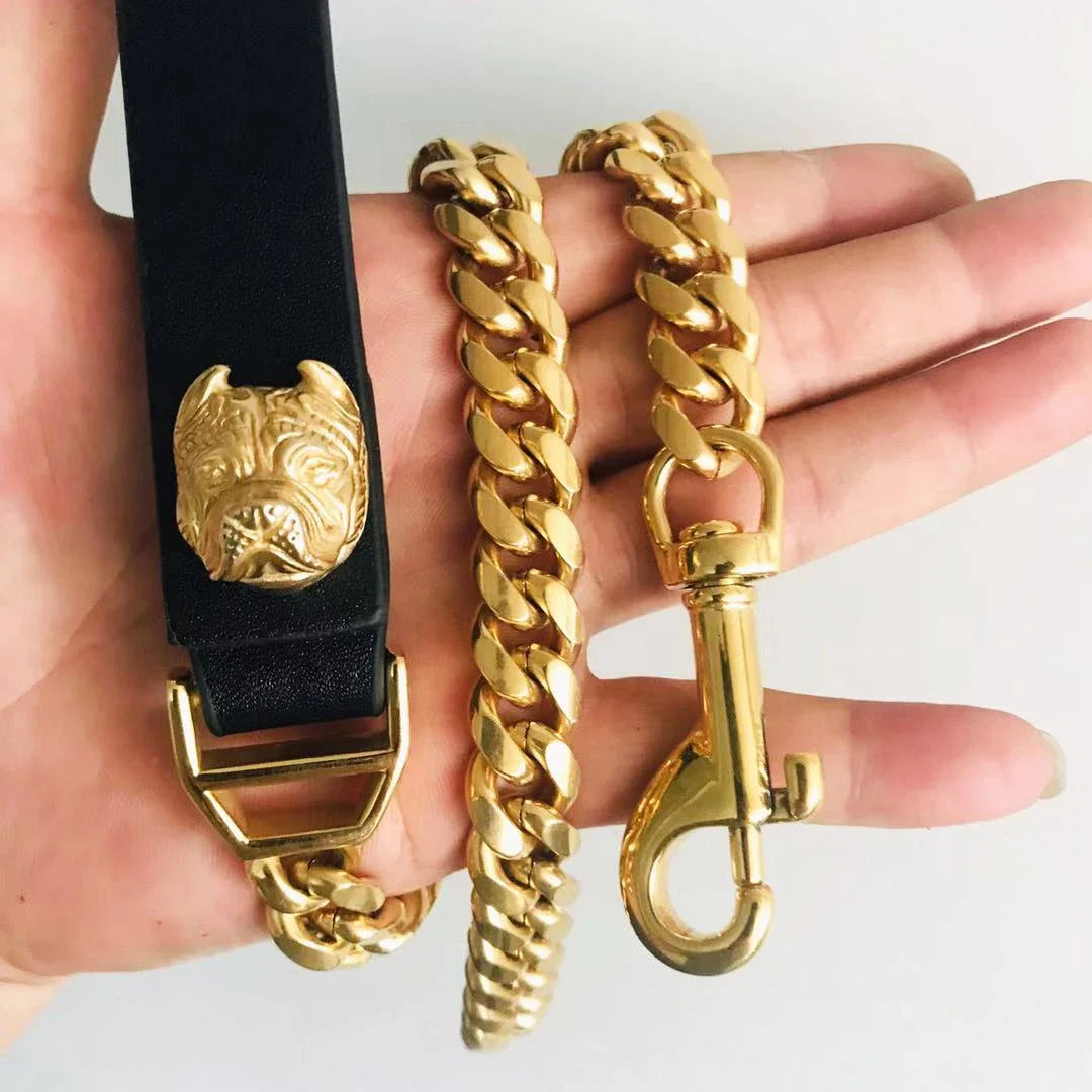 French Bulldog Dog Leash 14mm Cuban Chain Genuine Leather Stainless Steel Pet Accessories