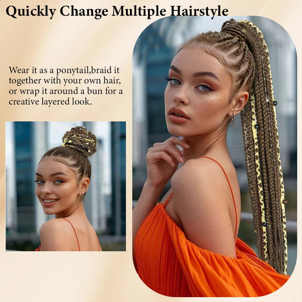 24" Beaded Boho Braided Ponytail Extension Viking Ties Dreadlock Synthetic Hairpiece