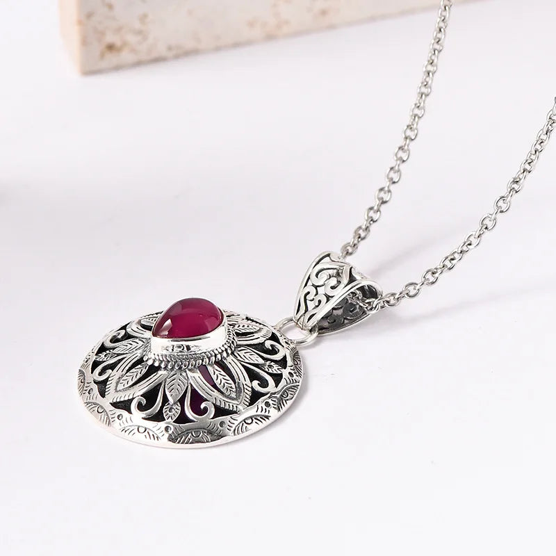The Eye of the Wise S925 Sterling Silver Pendants Ancient Pattern Red Corundum