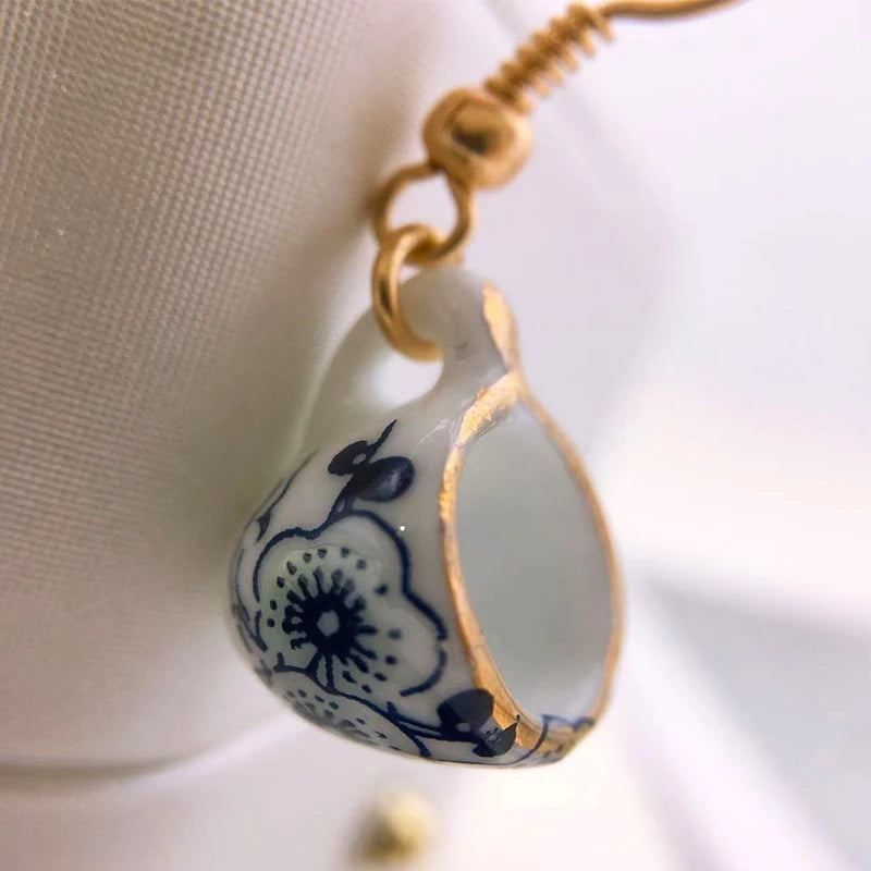 Handmade Ceramic Tea Cup Earrings Blue White Enamel Jewellery
