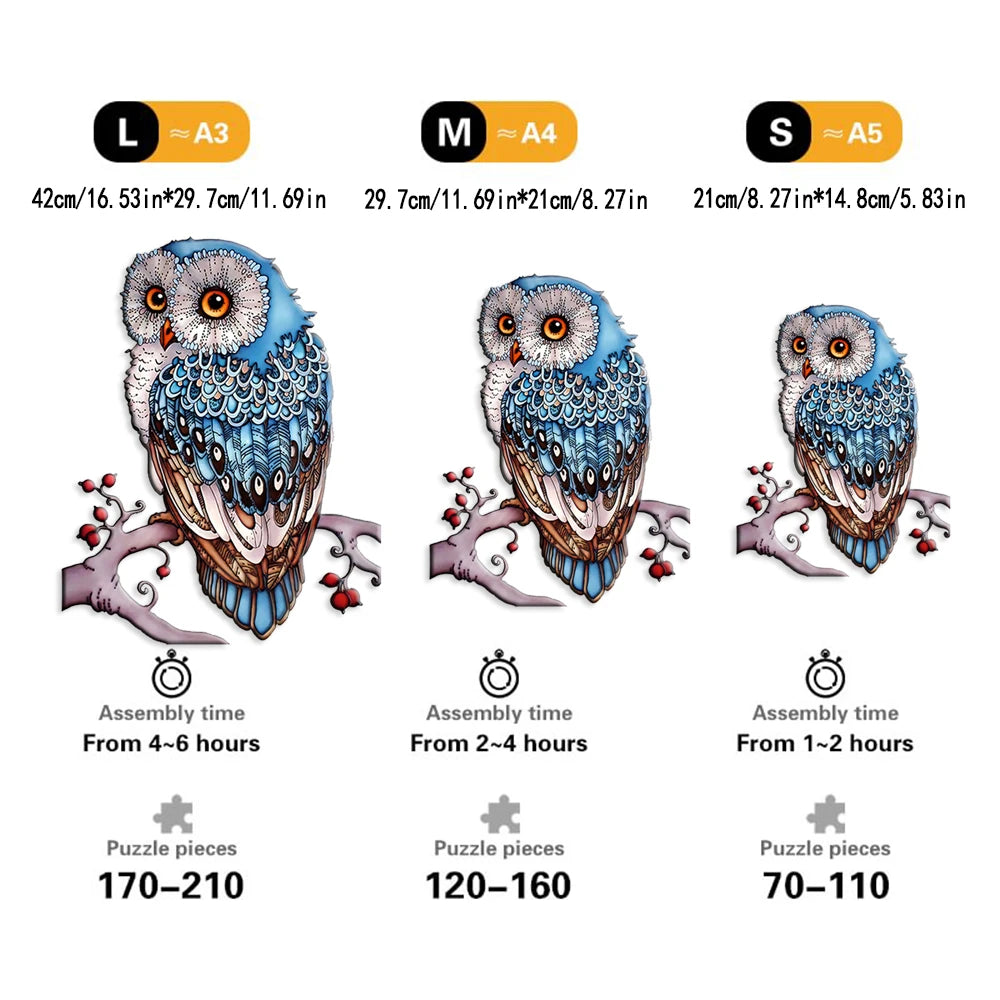 Blue Owl Wooden Jigsaw Puzzles Irregular Animal Shaped Pieces