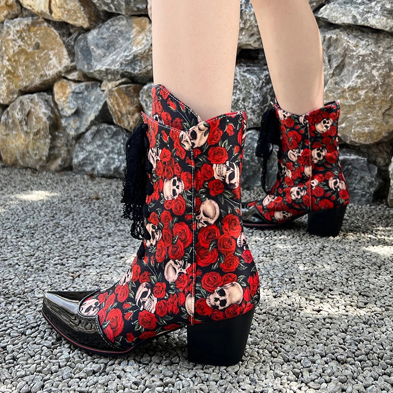 Skull Flower Lace Laces Ankle Boots