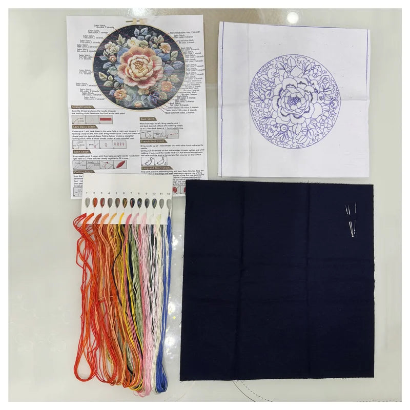 Rooster Embroidery Kit with Flowers for Beginners Needles Embroidery Thread DIY Craft
