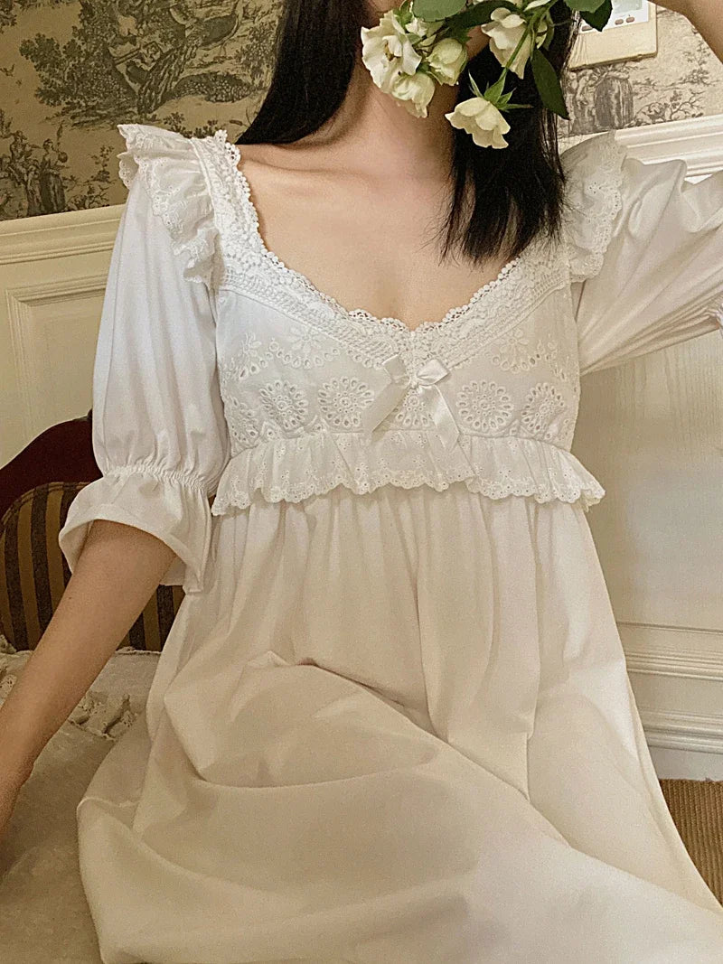 Summer Cotton Women's Sleepwear Antique French Style Lace Nightgown Nightdress
