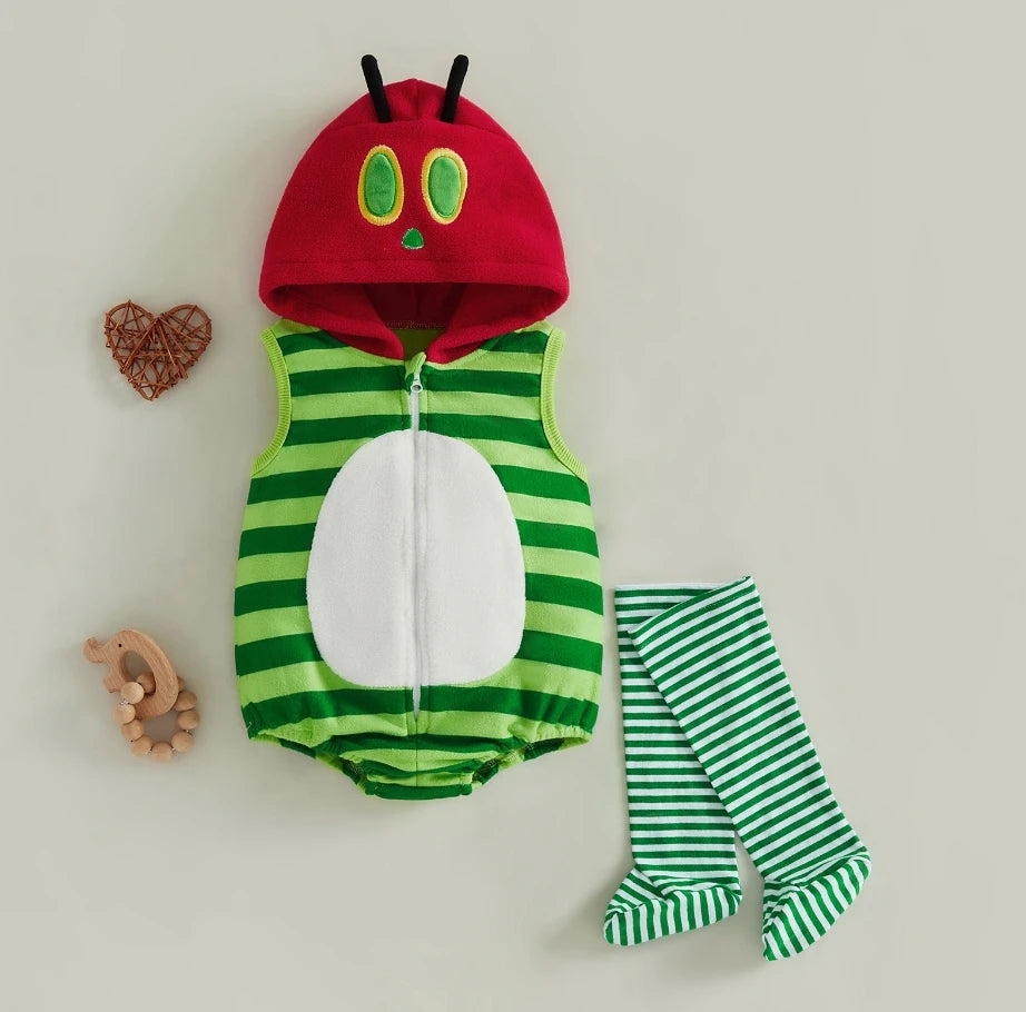 Hungry Caterpillar Baby Hooded Striped Jumpsuits Sleeveless Romper Stockings Costume Photography Outfit