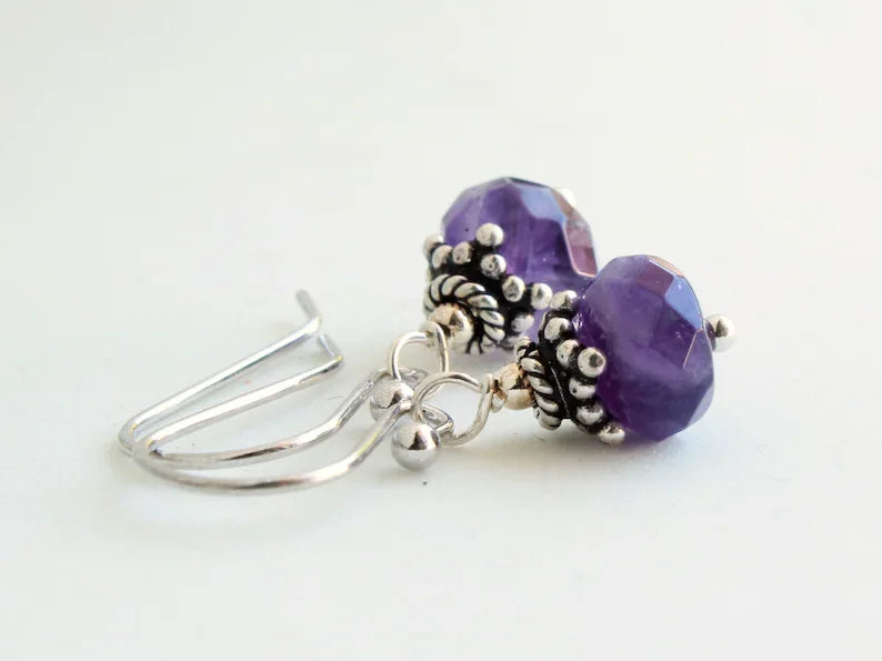 Amethyst Sterling Silver Earrings Deep purple Gemstone Everyday Classic Dangle Drops