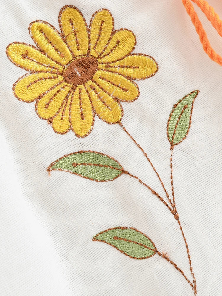 Sweet As Sunshine Vintage Sun and Floral Embroidered Linen Cotton Shirts Boho Tassel Blouse