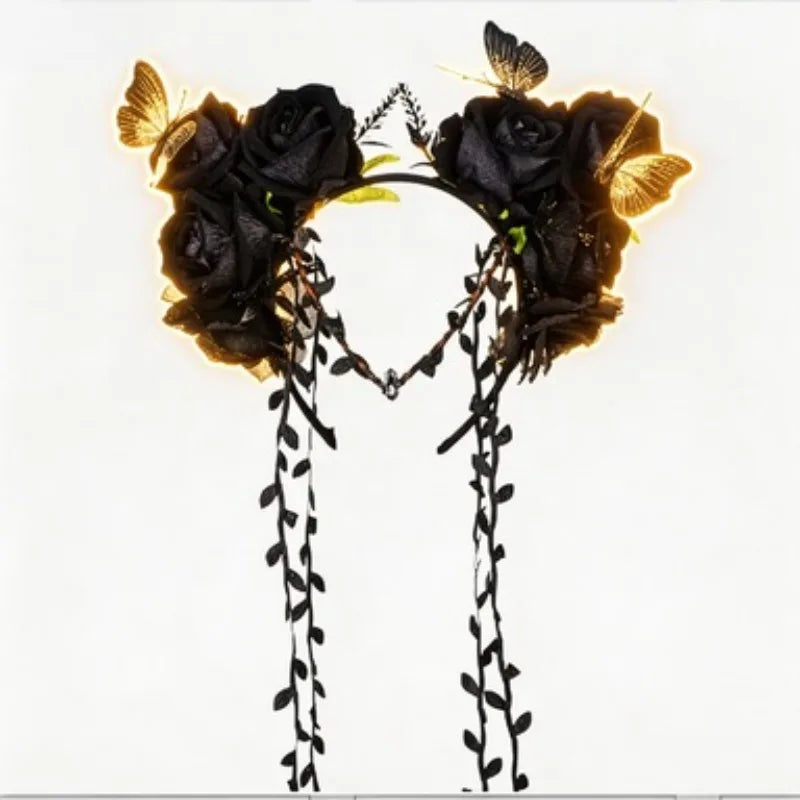 Glowing Flower Headband Butterfly Rose Crowns with Gem Drop Fairy Fascinators Headpieces