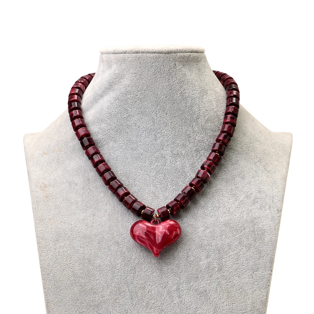 Chunky Acrylic Heart Pendant Beaded Choker Necklaces