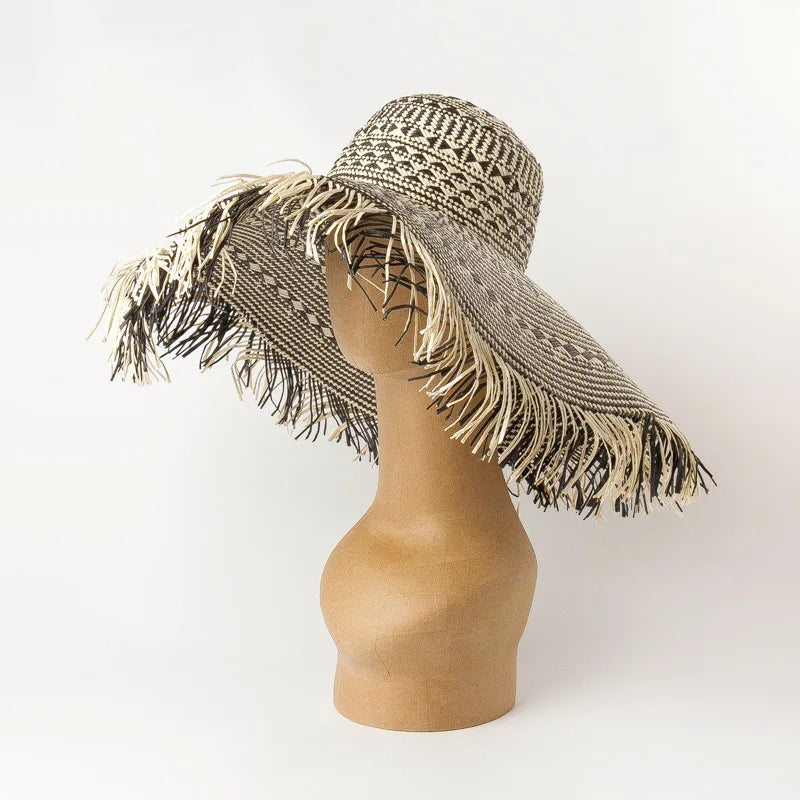 Black and White Large Brim Floppy Straw Summer Hats