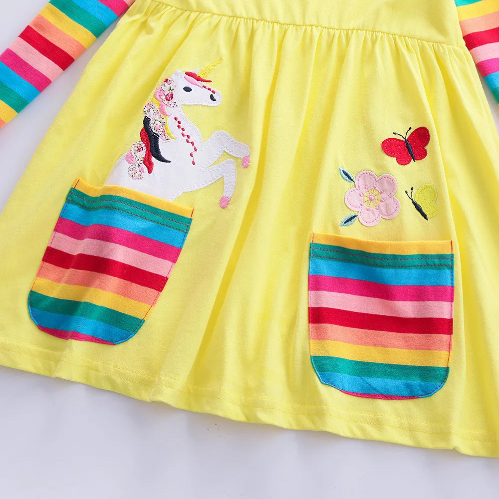 Girls' Long Sleeve Unicorn Dress Two Pockets Rainbow Sleeves