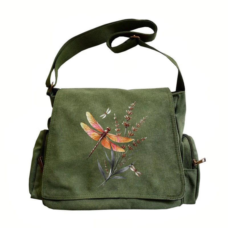 Flowers and Dragonfly Print Canvas Shoulder Bag Crossbody Messenger Bag