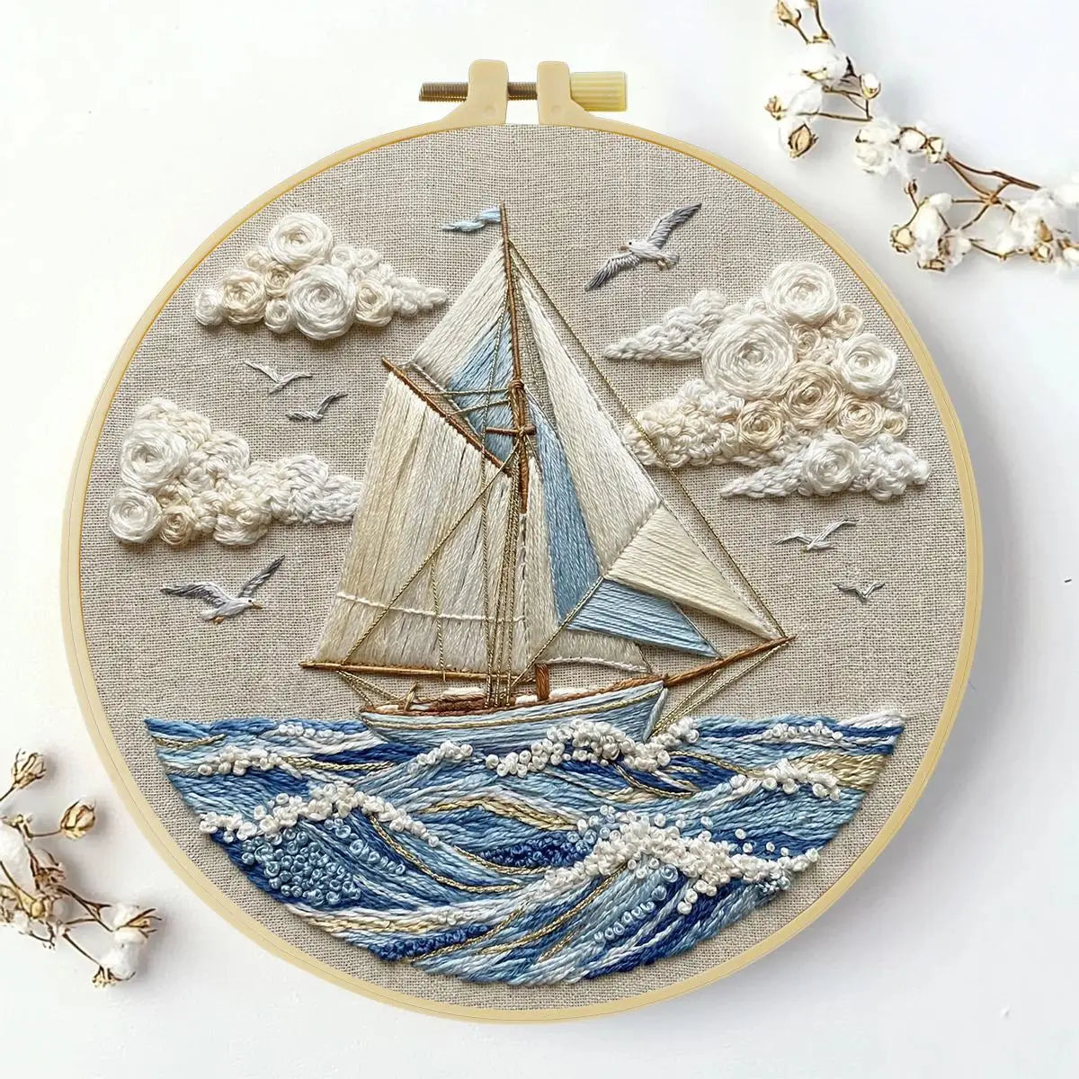 Waves and Sailboat 20X20CM/15X15CM DIY Embroidery Kit for Beginners