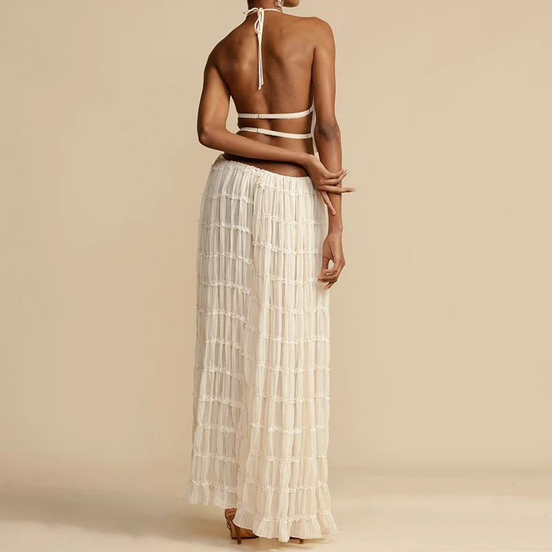 Summer's Ruched Halter Cami Tops + Maxi Skirt 2 Piece Set