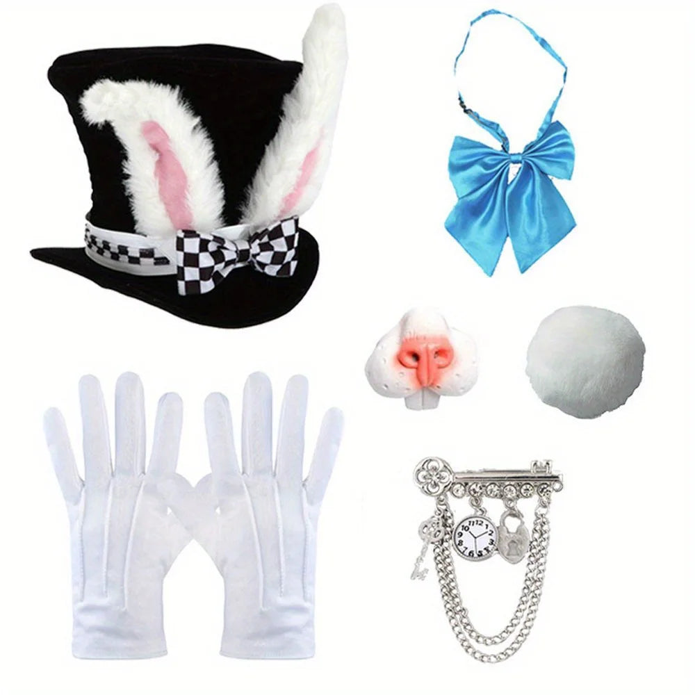 White Rabbit Tea Party Dress Up Accessories Pocket Watch Hat Tie Glasses Gloves