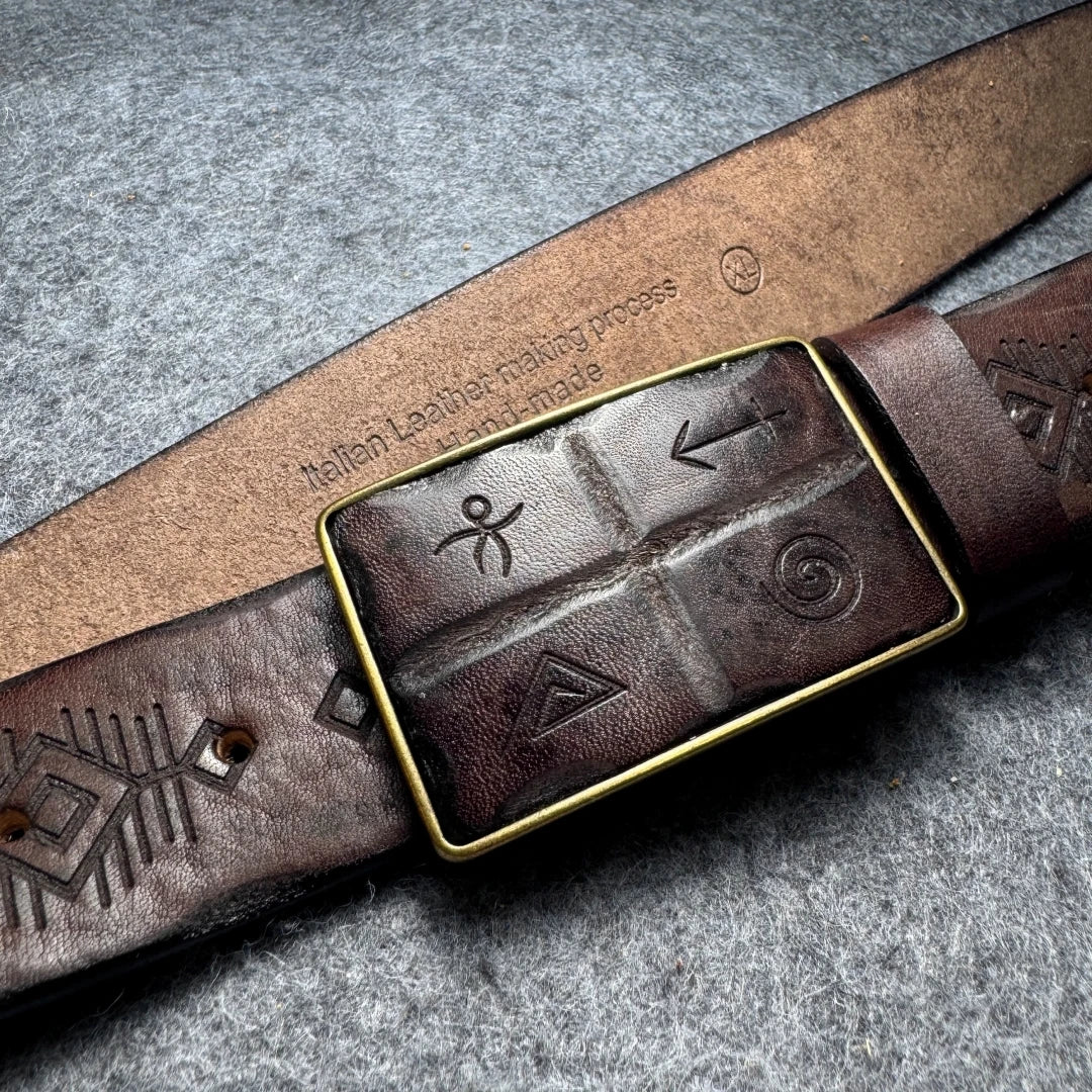 Norse Viking Runes Genuine Leather Men's Belt Pure Copper Buckle