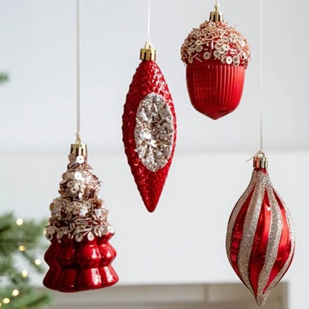 Red Christmas Tree Ornaments Shatterproof Plastic Glitter Little Bear Balls Acorn