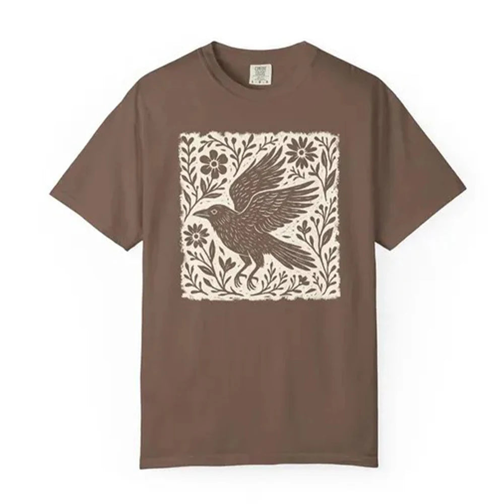 Folklore Crow Lino Print Cotton T-Shirt Folk Art Linocut