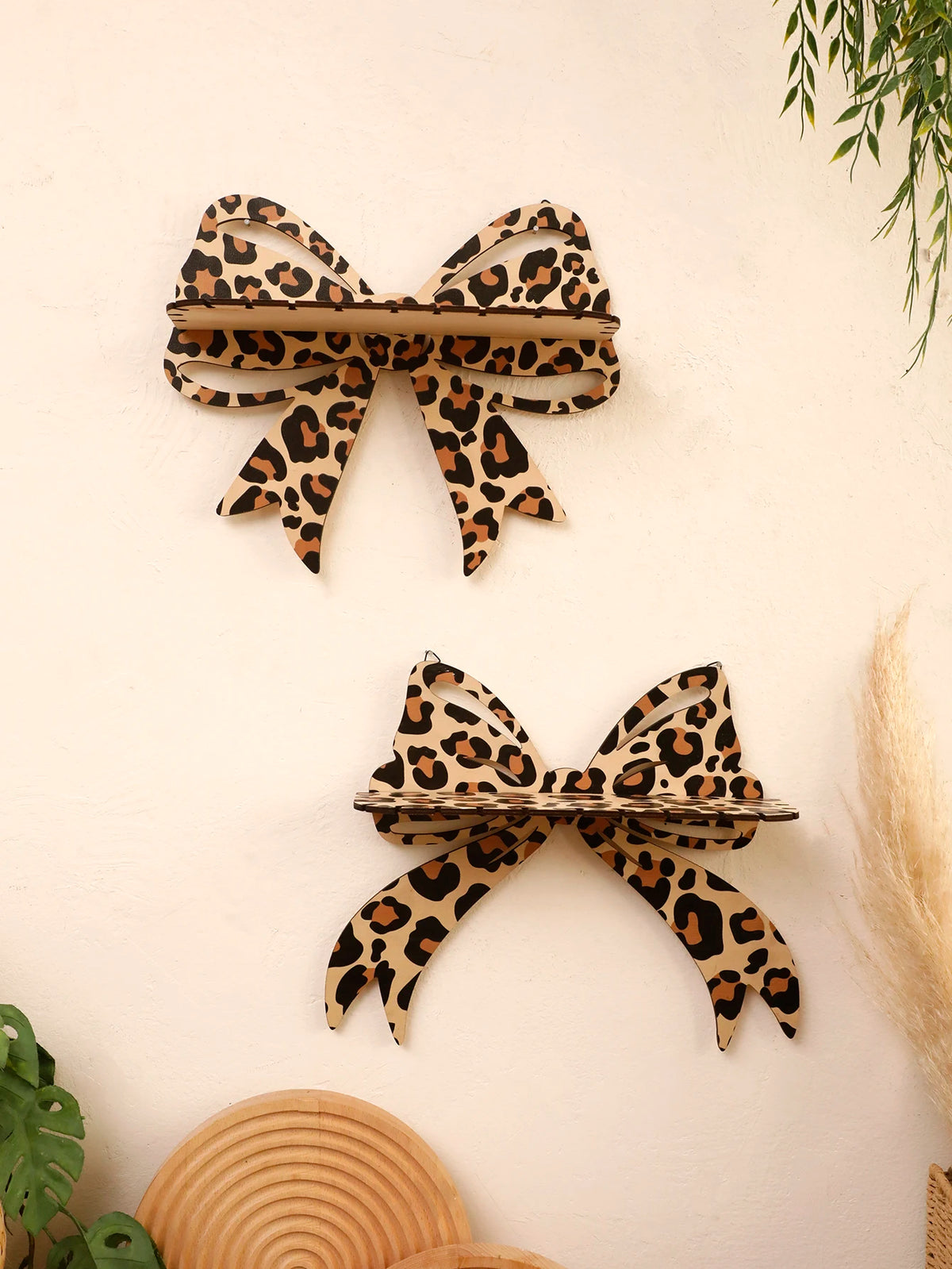 Leopard Print Bow Wall Shelf Wooden Jewellery Display Shelves