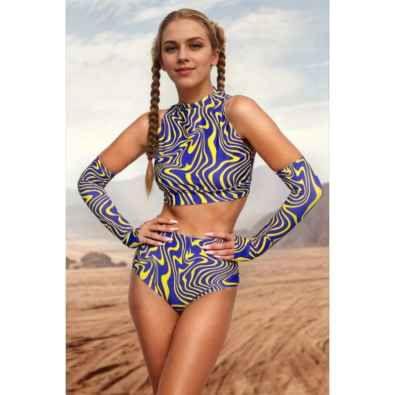 Roller Derby Performance Outfit Women High Neck Crop Set Rave Party Clubwear Printed Bodycon Set