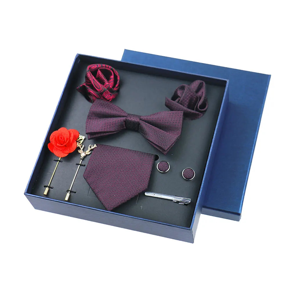 Men's 8pcs Tie Set Wedding Cravat Silk Bowtie Pocket Square Cufflinks Brooch Box Set Gifts For Men