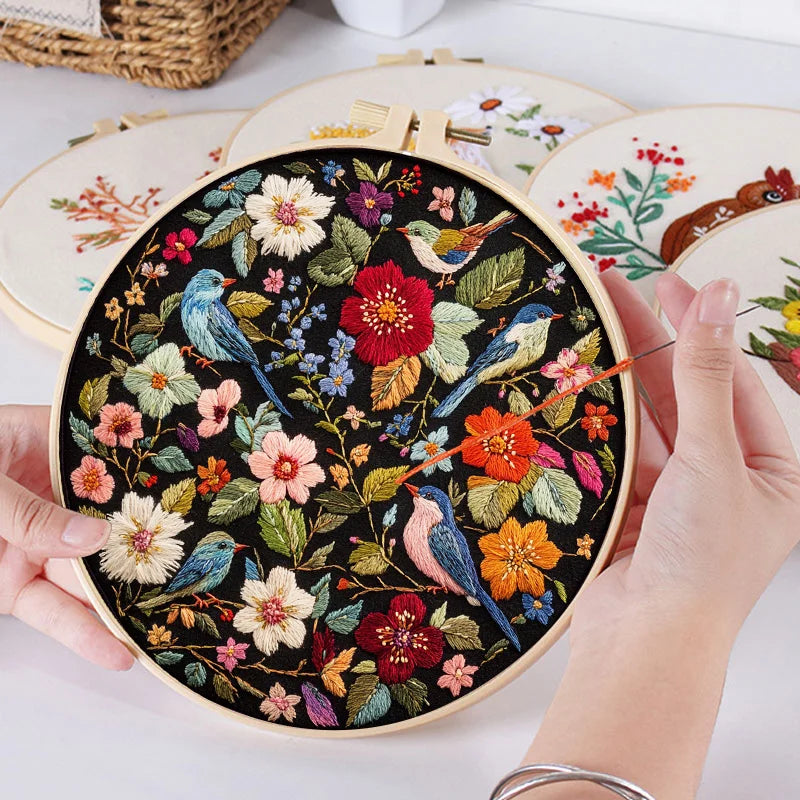 Spring Garden Embroidery Kit with Flower And Bird Pattern DIY Crafts