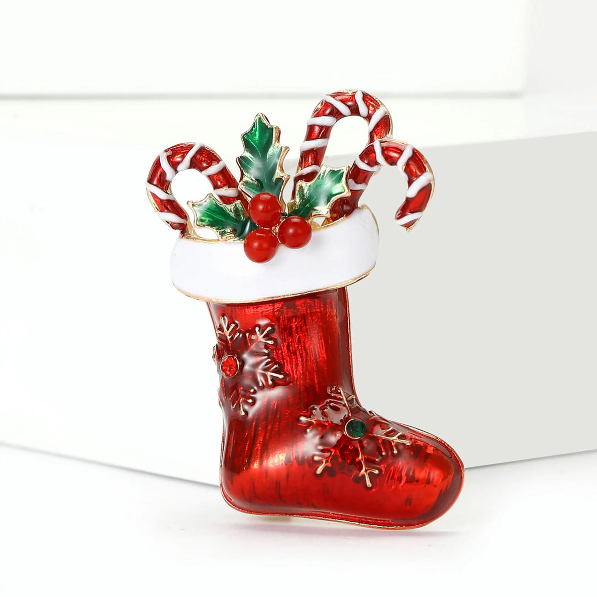 Red Enamel Christmas Stocking Candy Canes Brooches