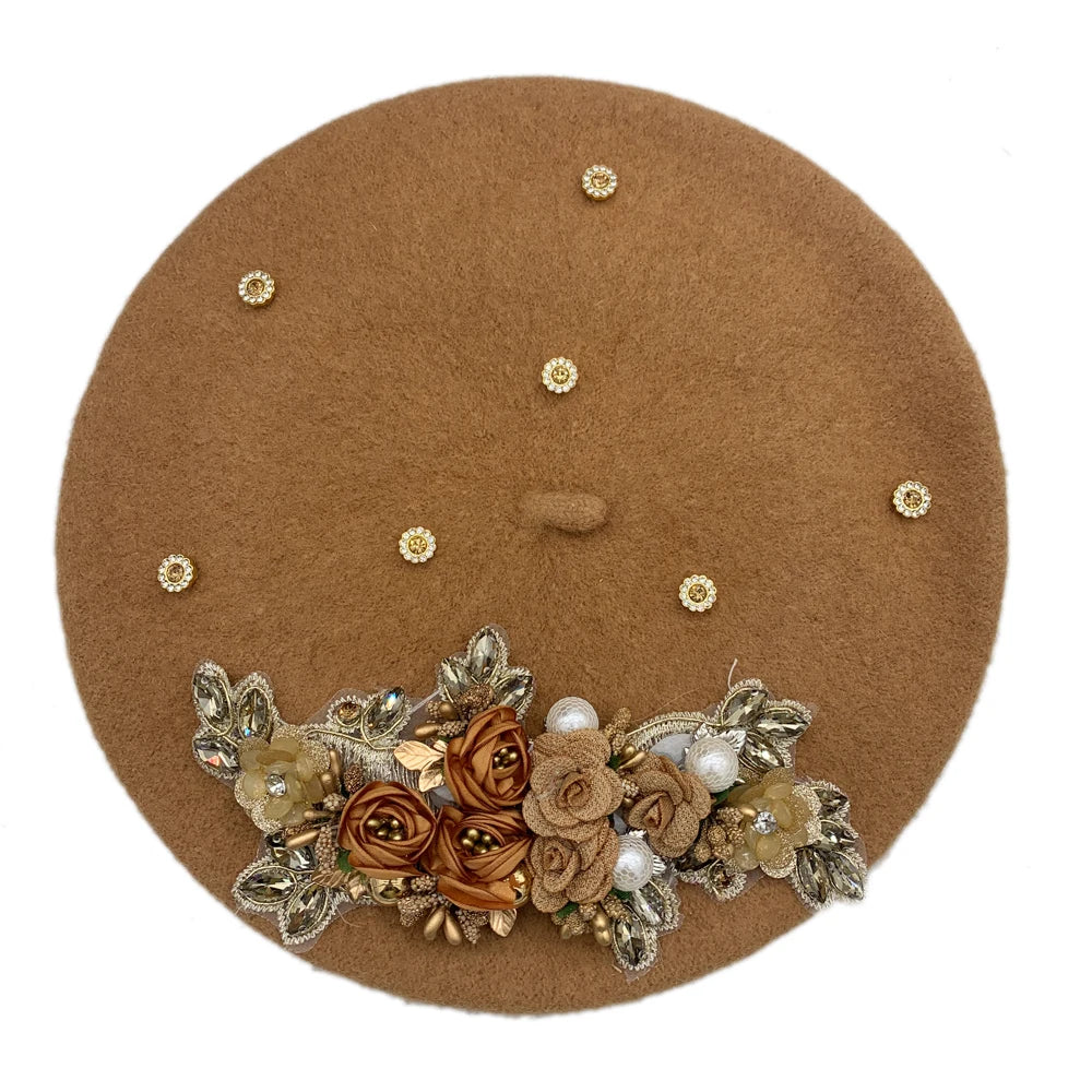 Margie's Flower Diamonte Winter Autumn Beret 10 Colours