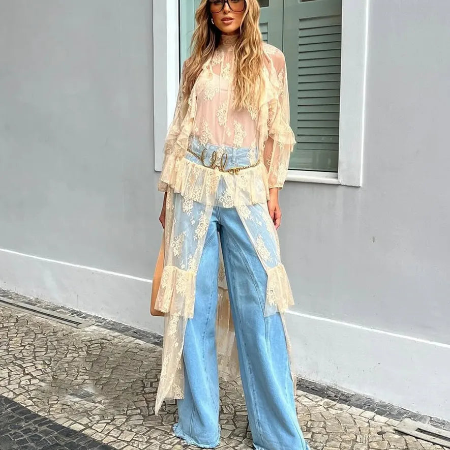 Eve's Long Sleeve Lace Duster See Through Mesh Short Front Long Back Asymmetrical Cover Ups