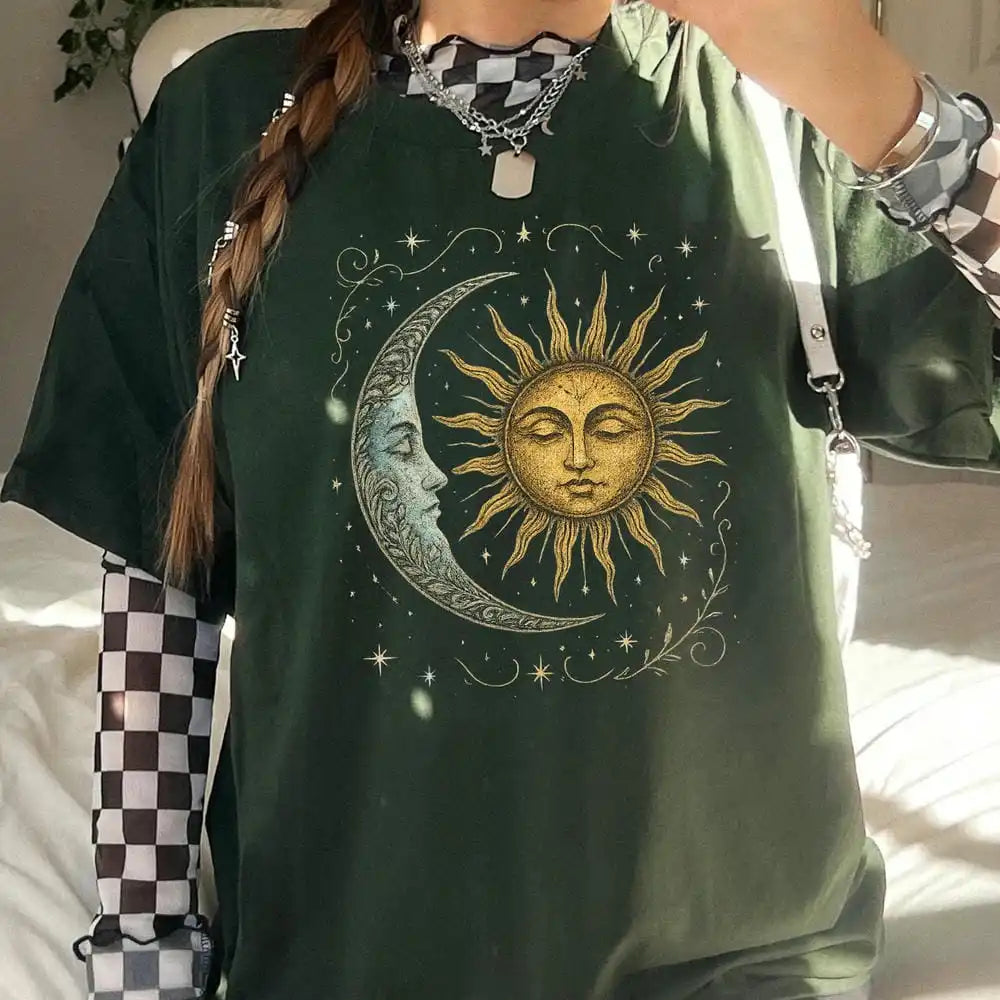 Boho Celestial Moon and Radiant Sun Cotton T-shirt