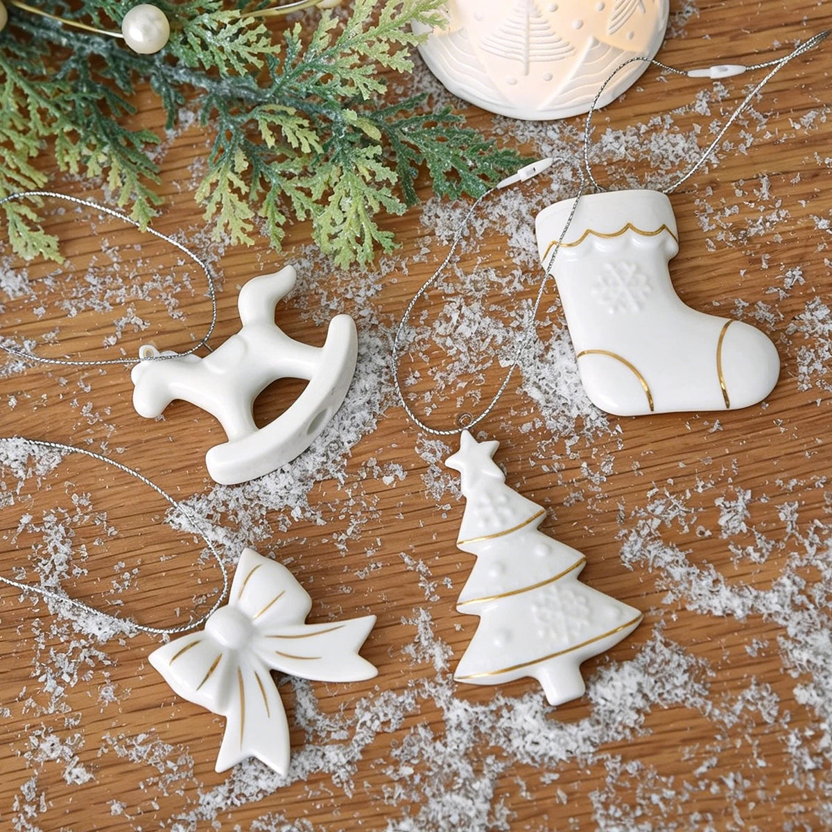 White Ceramic Christmas Tree Ornaments Snowman Reindeer Xmas Hanging Decor