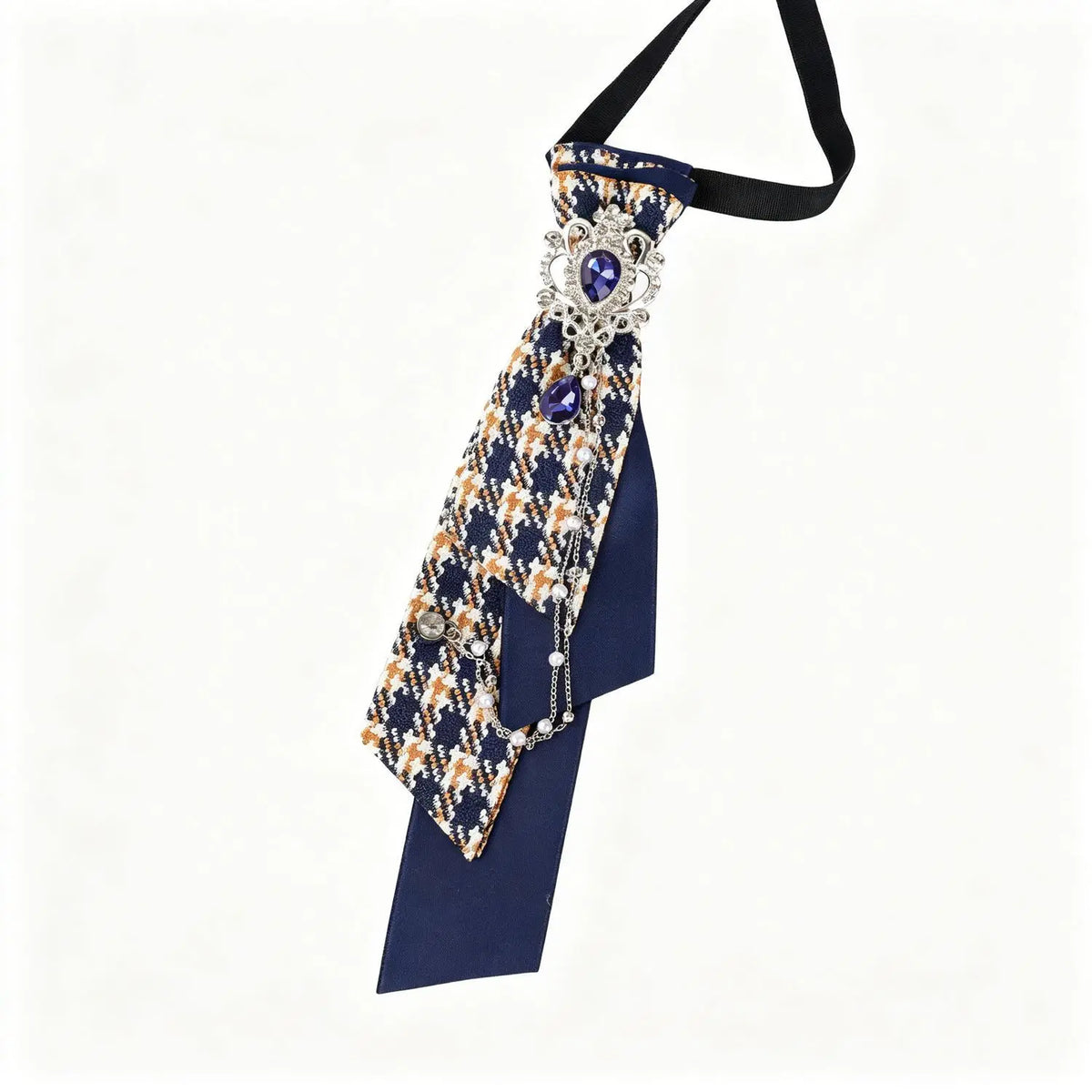 Dark Academia Jabot Plaid Short Necktie Rhinestone Brooch Pearl Chain