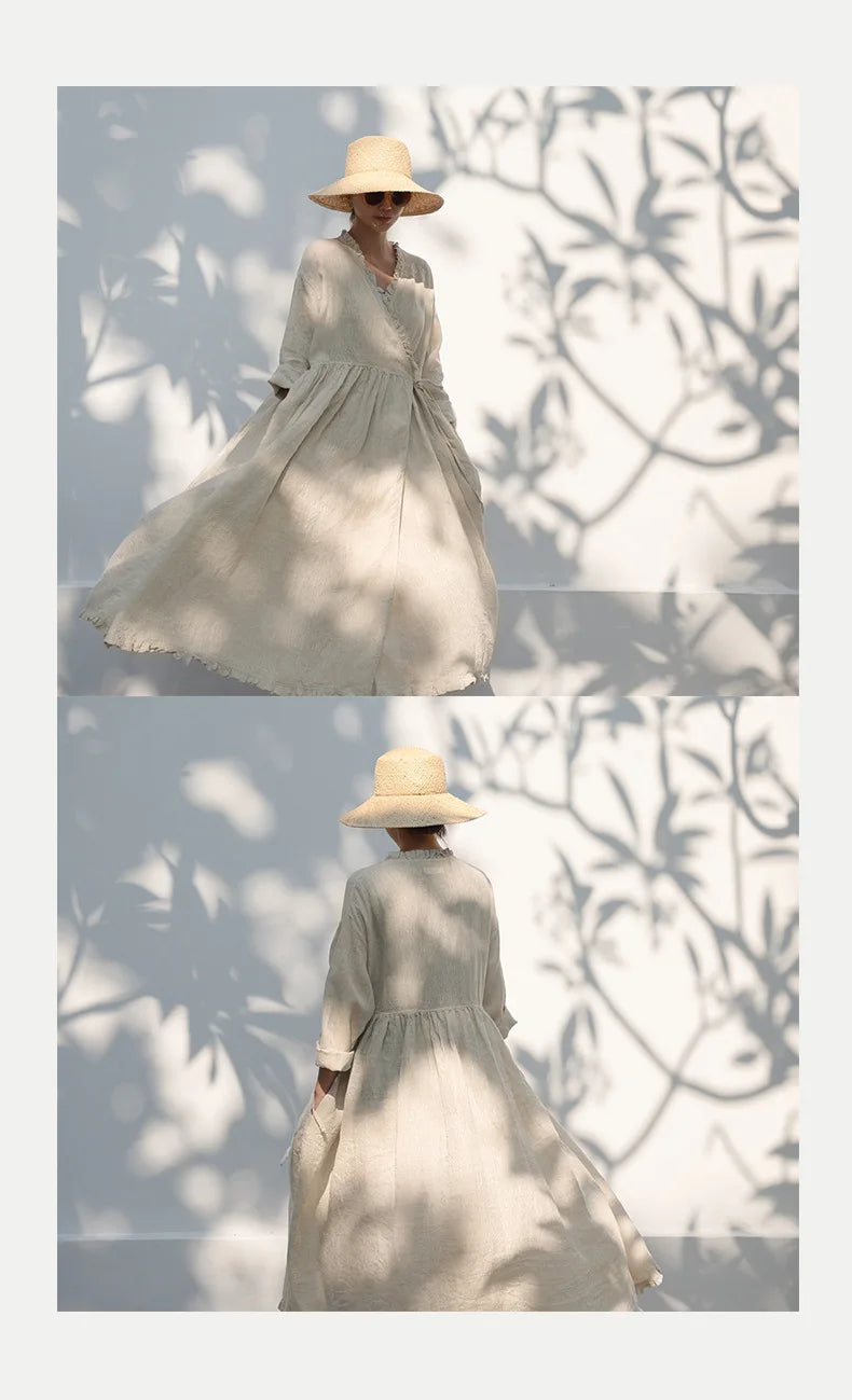 Evie's Vintage French Style Cotton Linen Dress Long Sleeveless Loose Wrap
