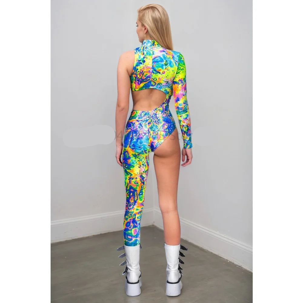 Asymmetrical Women Cyberpunk Bodysuit Costume Colourful Jumpsuit Cosplay Halloween Party Performance Suit